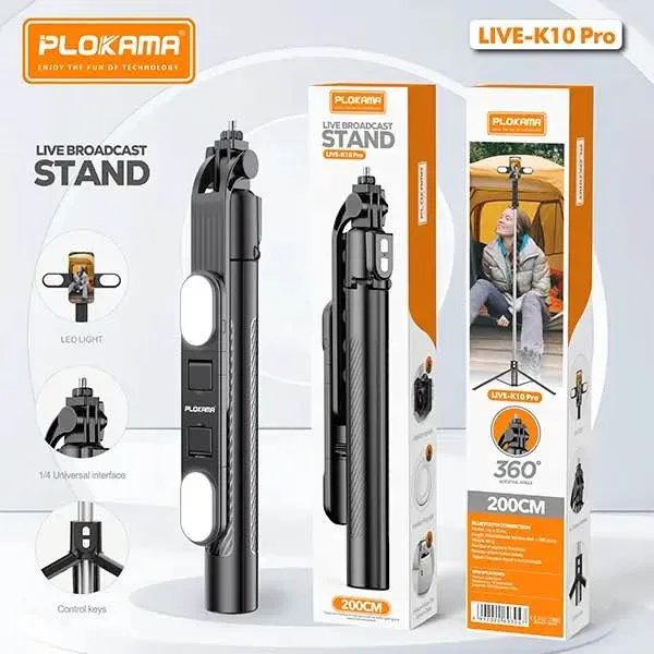 Trépied &amp; Perche à Selfie 2-en-1 PLOKAMA LIVE-K10 Pro (200 cm)
