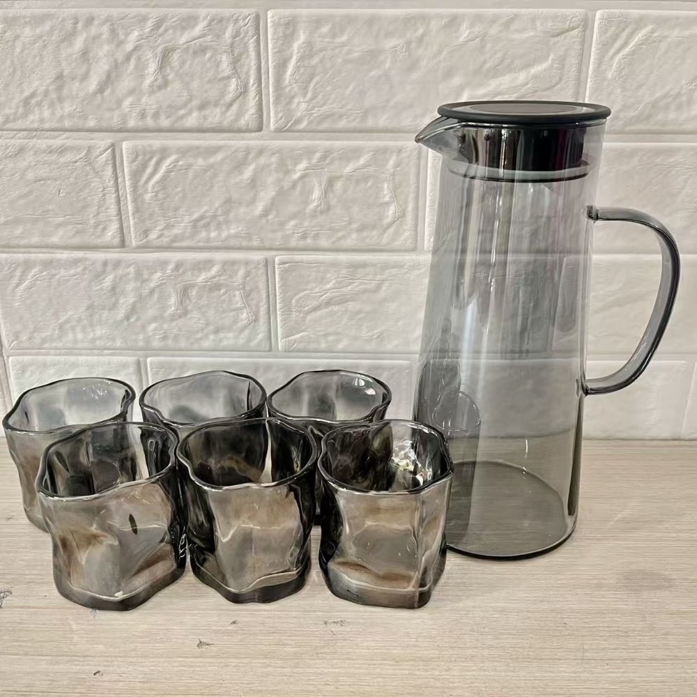 Ensemble 7 pièces — Carafe + 6 Tasses en verre finition grise
