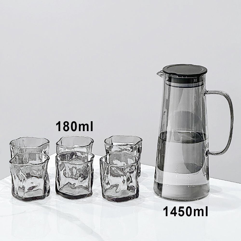 Ensemble 7 pièces — Carafe + 6 Tasses en verre finition grise