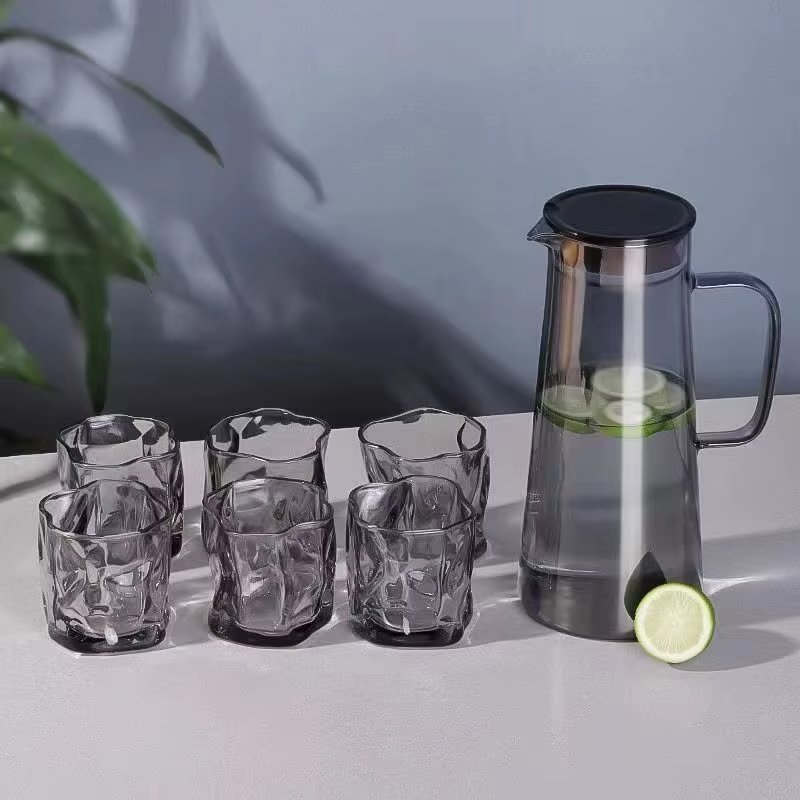 Ensemble 7 pièces — Carafe + 6 Tasses en verre finition grise